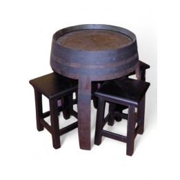 Barril mesa baja y 4 taburetes madera bares y bodegas