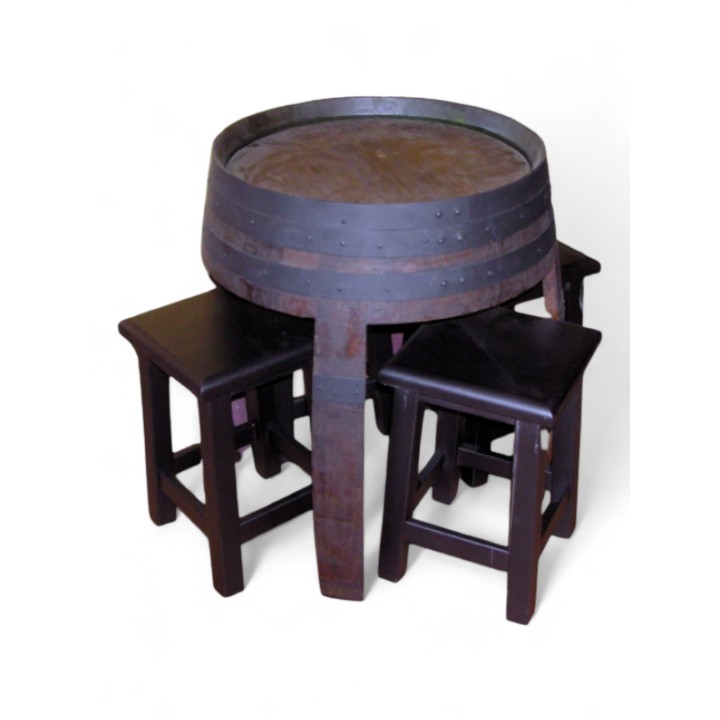 Barril mesa baja y 4 taburetes madera bares y bodegas