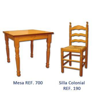 Pack 1: Mesa hostelería + 4 Sillas Colonial madera pino macizo- Bares diseño castellano