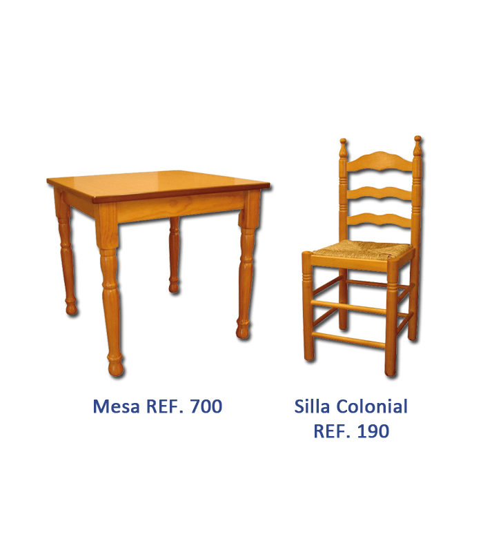 Pack 1: Mesa hostelería + 4 Sillas Colonial madera pino macizo- Bares diseño castellano