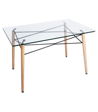 Mesa Nórdica Glass Rectangular 120 cm x 80 cm|Mesa fija cristal con patas madera haya estilo nórdico